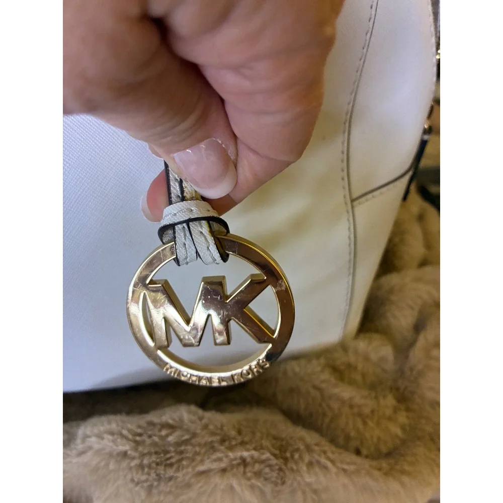 Michael Kors White Saffiano Leather Satchel Handbag Gold Hardware MK Logo Bag